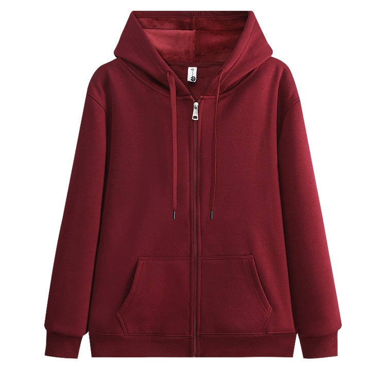 400g Fleece-Lined Zip-Up Hoodie Jacket - Silver Fox Fleece - Wine Red